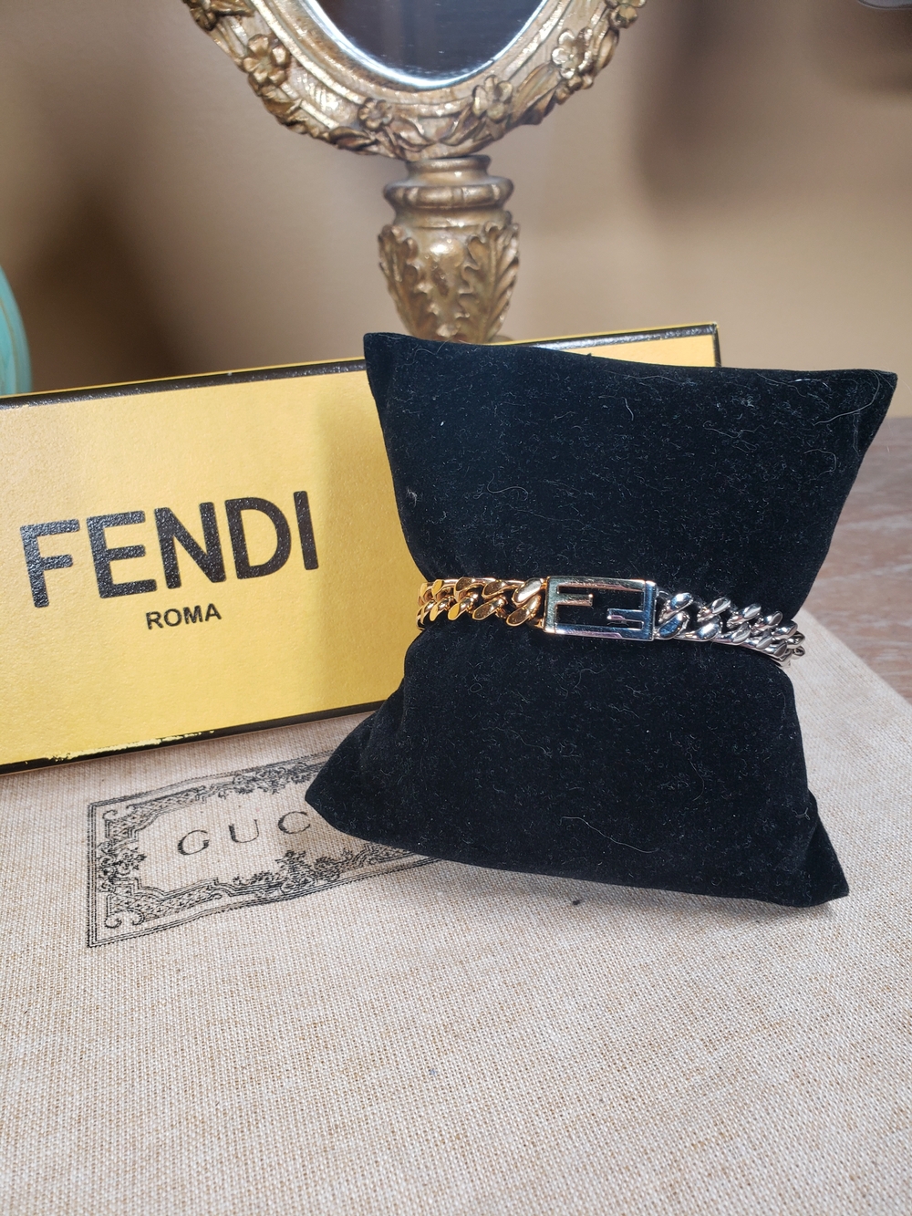 Fendi FF Two-Tone Chain Bracelet - Gold-Toned & Palladium - Excellent Condition - Picture 1 of 16